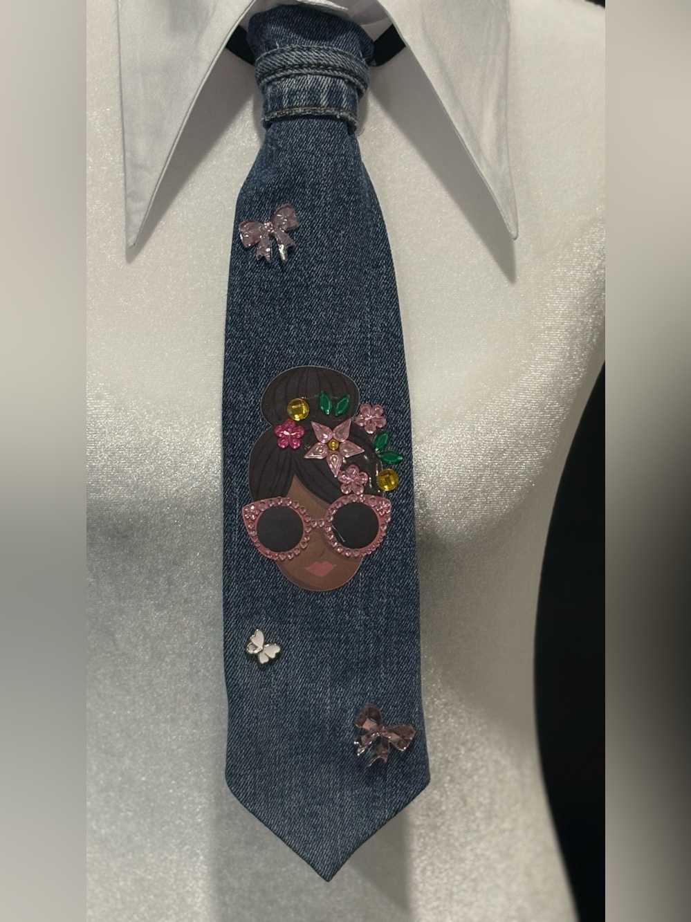 Denim Embellished Women's Tie with Pink Accents